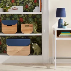 Medium Natural Wood Kids' Storage With Lid Navy - Pillowfort™